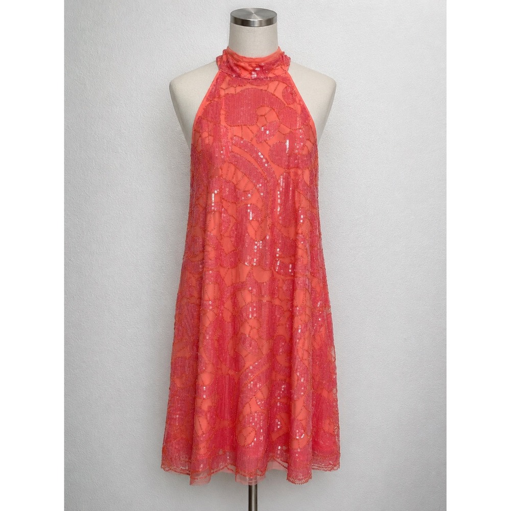 Boston Proper Coral Pink Sequin Beaded Halter Neck Cocktail Dress 2CU9050